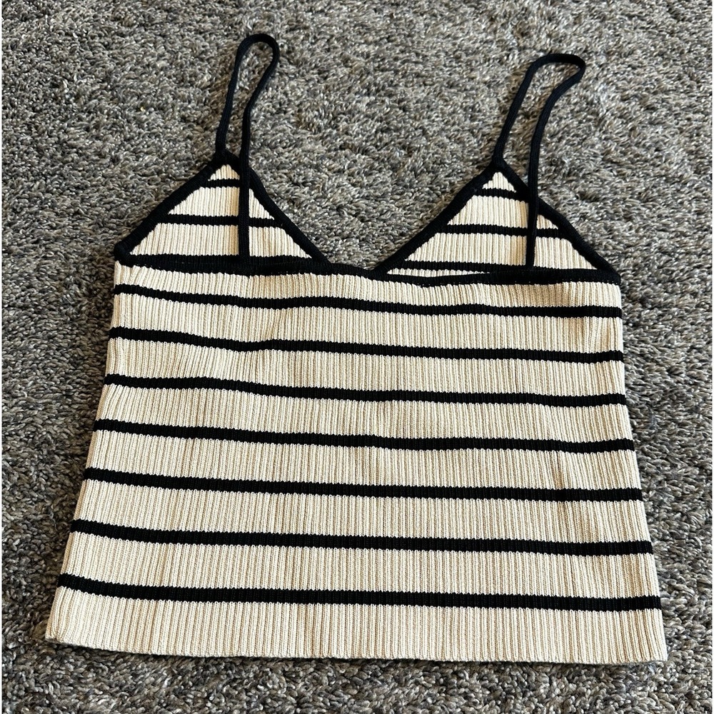 ZARA Women Tank Top S - Beige Black Stripe Cropped Ribbed Knit Summer Beach Wear